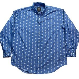 Ely Cattleman Western Shirt Diamond‎ Print Button Up Long Sleeve Blue L Boho